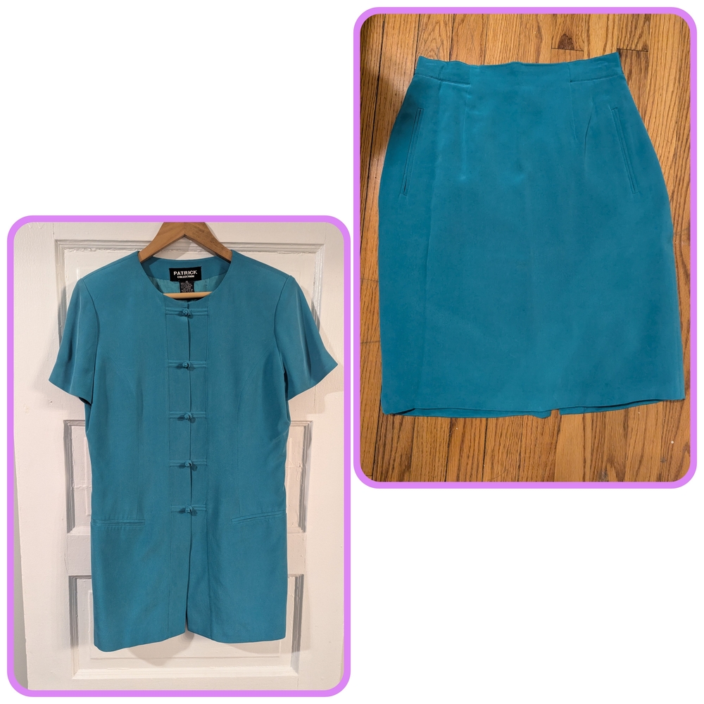Vintage 100% Silk Teal Skirt Set